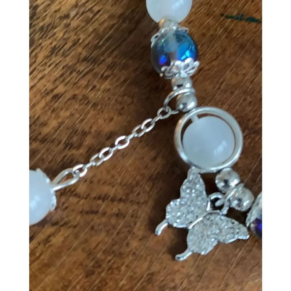 Milky White & Purple Beaded Bracelet with Butterfly Charm